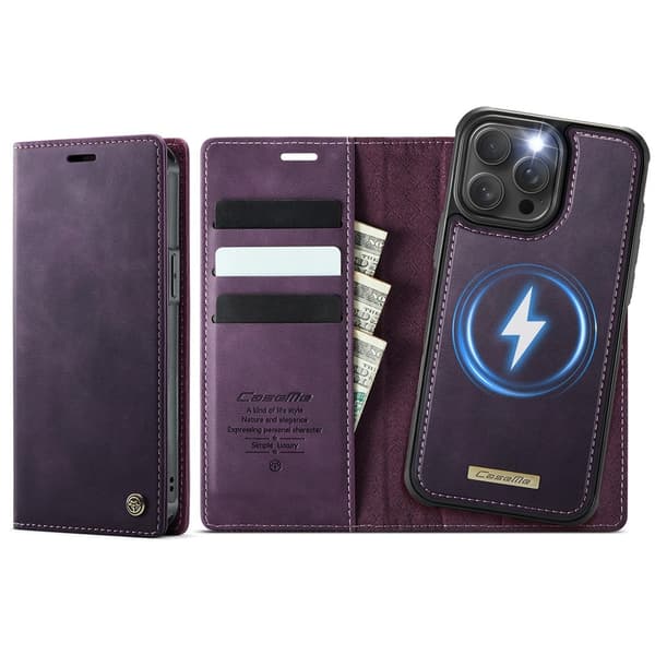 CASEME Til iPhone 15 Pro Max Lommebokdeksel Magnetisk Avtakbar RFID Beskyttelse - Coffee Purple