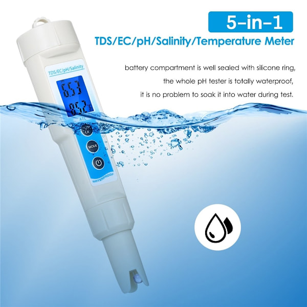 Måler 5-i-1 Vannkvalitet / TDS / EC / pH / Salinitet / Temperatur White
