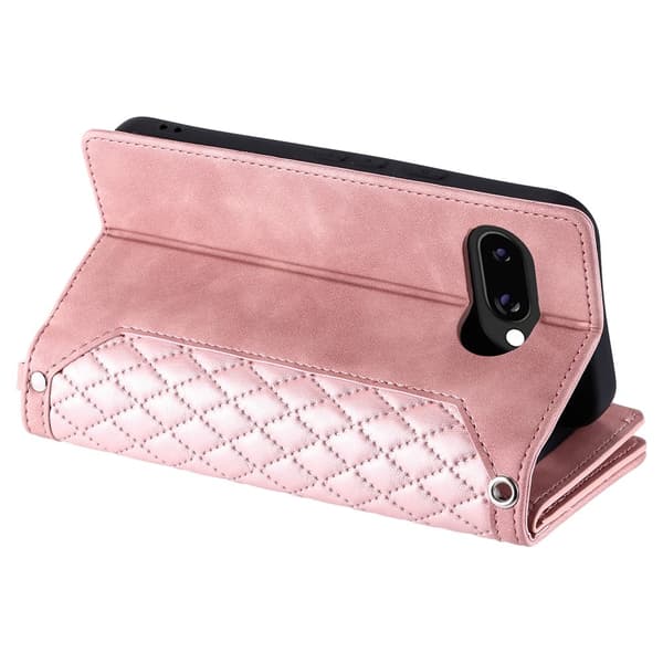 För Google Pixel 10a Plånboksfodral PU-läder Diamantmönster med Handledsrem - Rosa Rosa