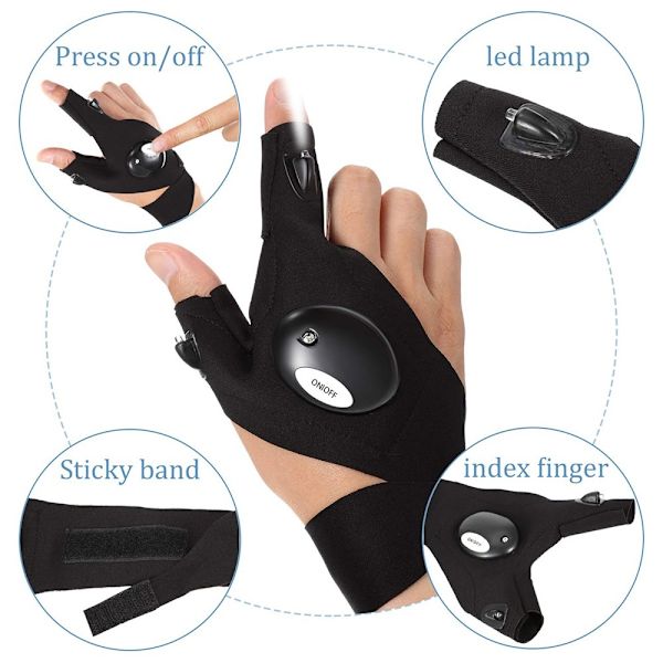 1 pari vasen + oikea yökalastus LED taskulamppu mitt Glove Black
