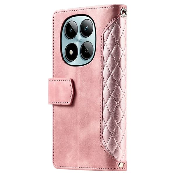 För Xiaomi Redmi Note 15 Pro 5G Zipper Wallet Case Rhombus Stitching Line Telefonfodral Rosa guld