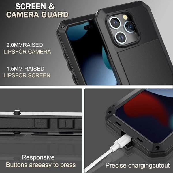 Heavy Duty Robust Hybrid Cover Shell + hærdet glas til iPhone 15 Black