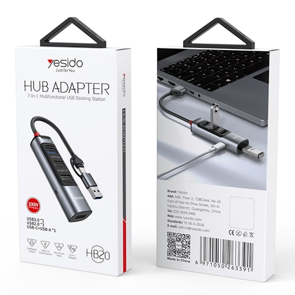 USB + USB-C Hub Adapter Konverter USB 3.0 + 3xUSB 2.0 + PD 100W Black