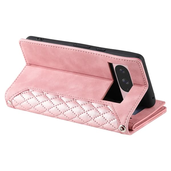 För Google Pixel 10 Pro / 10 / 9 Pro / 9 Zipper Wallet Case Rhombus Telefonfodral Rosa guld