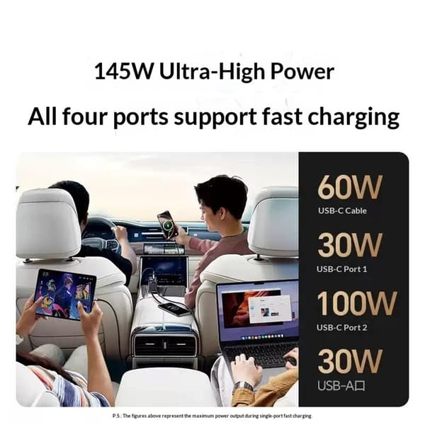 UGREEN 100W hurtig oplader bil (USB-A + 2 USB-C-porte) med indtrækkeligt 60W USB-C-kabel Black