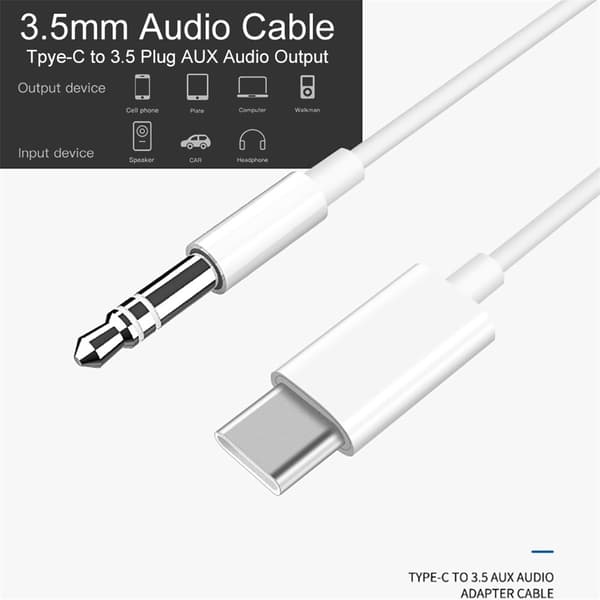 USB-C til 3,5 mm lyd-AUX-adapterkabel til analog overførsel White