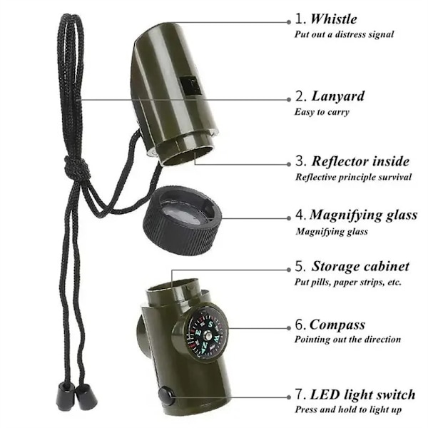 7 i 1 Visselpipa Hög Decibel Survival Whistle Ficklampa Kompass Termometer mm Grön one size