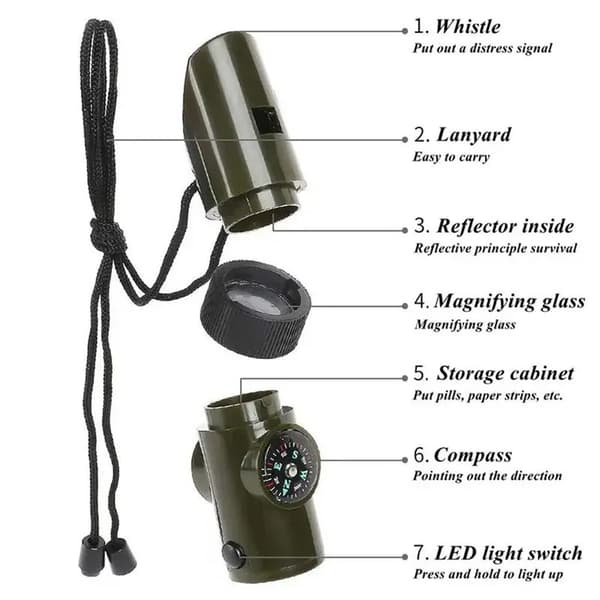 7 i 1 Whistle High Decibel Survival Whistle Lommelygte kompas termometer osv Green one size