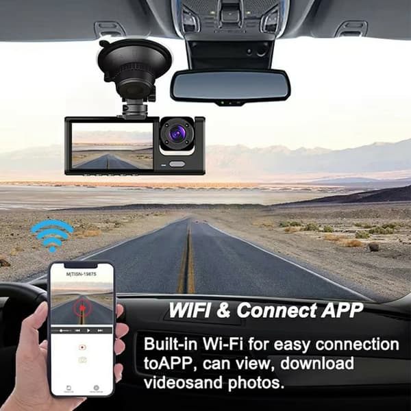 WIFI bildashkamera HD 1080P foran/innvendig/bak 3 linser bil-DVR parkeringsopptaker Black