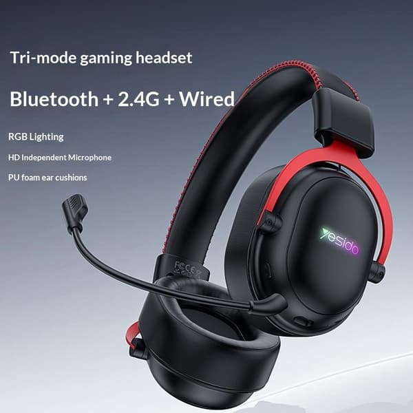 YESIDO Gaming Headset Bluetooth 2.4G trådbundna Over-Ear-hörlurar mikrofon Svart