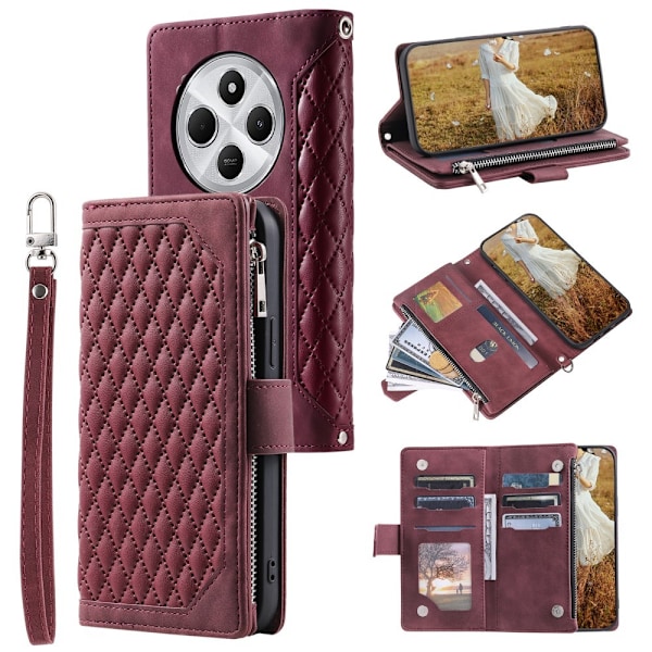 Xiaomi Redmi 14C Zipper Wallet Case Rhombus Stitching Line Puhelinsuojus Red