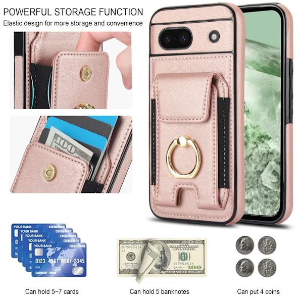 För Google Pixel 8a Kickstand Case Telefonfodral med Kortfack - Roséguld Svart