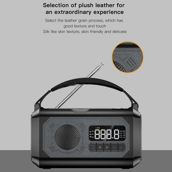 handvev Radio 12000mAh Power Bank Batteri ficklampa Sol laddning Svart