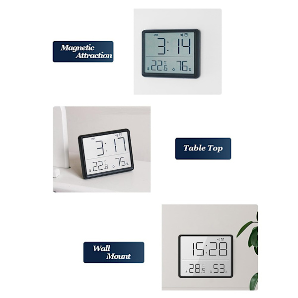 Digital väckarklocka LCD klocka med kalender temperatur och luftfuktighet Svart