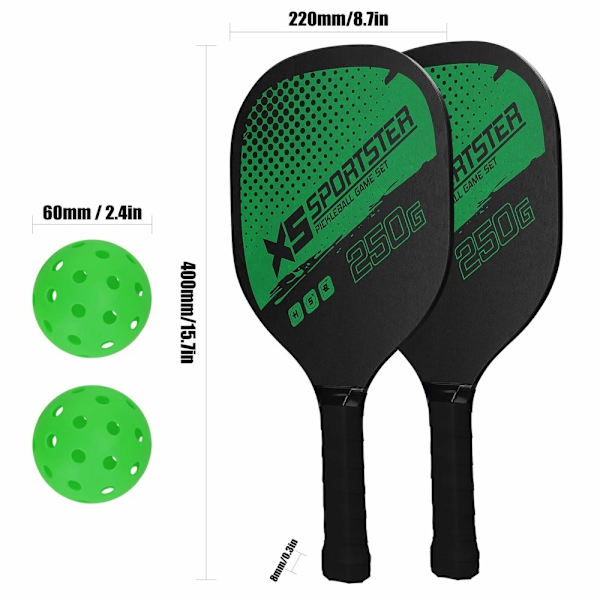 Pickle Ball Racket Set Paddle Kit 2 racketar 4 Pickle Bollar Grön