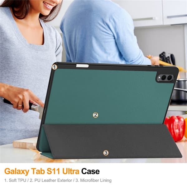For Samsung Galaxy Tab S12 Ultra Tri-Fold Stand Tablet Case with Pen Slot Green