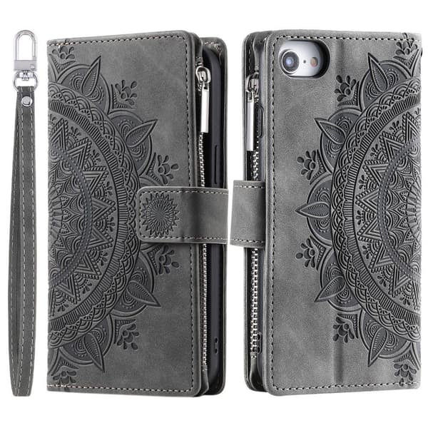 For iPhone 17e / 16e  Lommebok Deksel Shell Mandala Blomstermønster Grey