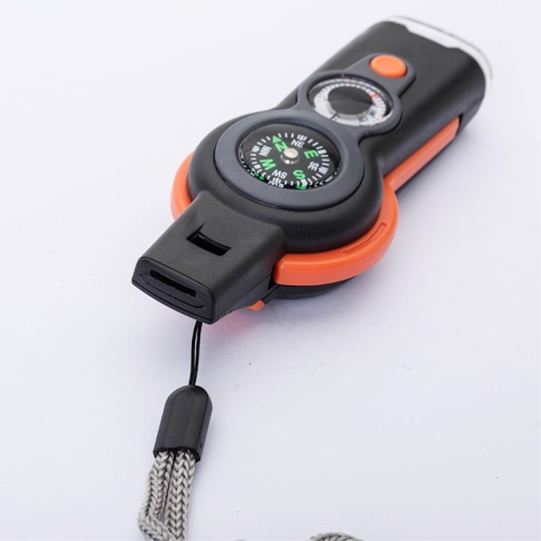7-i-1 Visselpipa Survival Whistle med kompass / LED-ljus / förstoringsglas Orange one size
