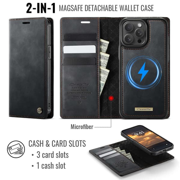 CASEME Til iPhone 15 Pro Lommebokdeksel Magnetisk Avtakbar RFID Beskyttelse - Svart Black