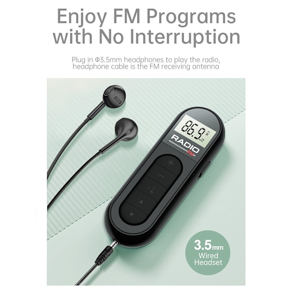 RADIO MI03 Tasku-FM-radio pidikkeellä urheiluun/juoksuun/kokouksiin Black