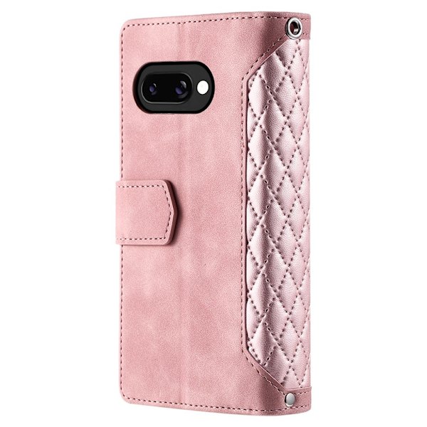 For Google Pixel 10a Wallet Case PU Leather Rhombus Pattern with Wrist Strap- Pink Pink