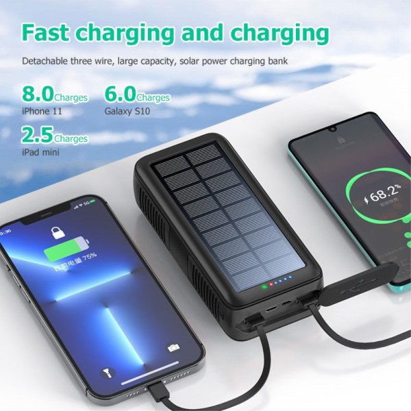 Håndsving 30000mAh Sol PowerBank Lightning/USB-C/Mikrokabel Orange