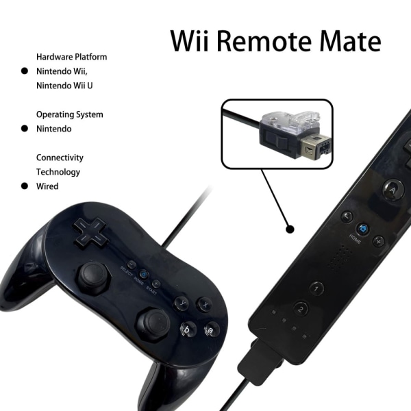 Gamepad för Nintendo Wii,Wii U Handkontroll 1,1 m kabel - Svart Svart