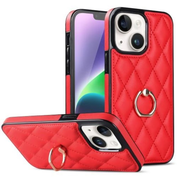 iPhone 14 Etui Rhombus Grid Pattern Bagcoverring Kickstand - Rød Red