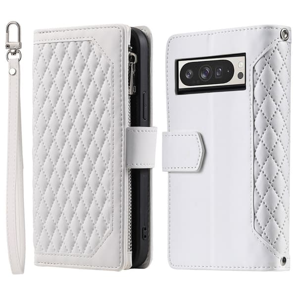 Google Pixel 10 Pro XL Zipper Wallet Case Rhombus Stitching Line Puhelinsuojus White