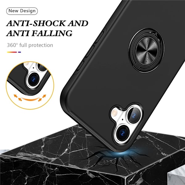 Til iPhone 17 Finger Ring Kickstand Hybrid Taske Black