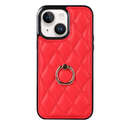 iPhone 14 Etui med Rutermønster på Bakdekselet, Ringstativ - Rød Red