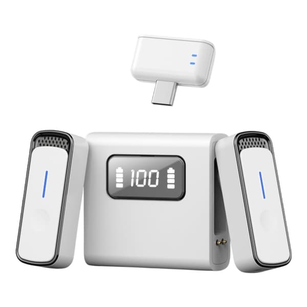 USB-C Trådlös Lavalier brusreducerande 2 mikrofoner laddningsfodral Vit+Svart Vit