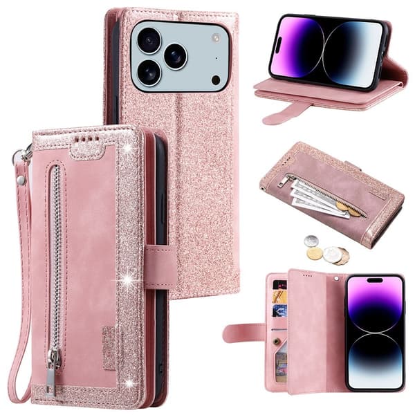 Til iPhone 17 Pro Max Etui med Lynlåslomme og 9 Kortlommer Pink