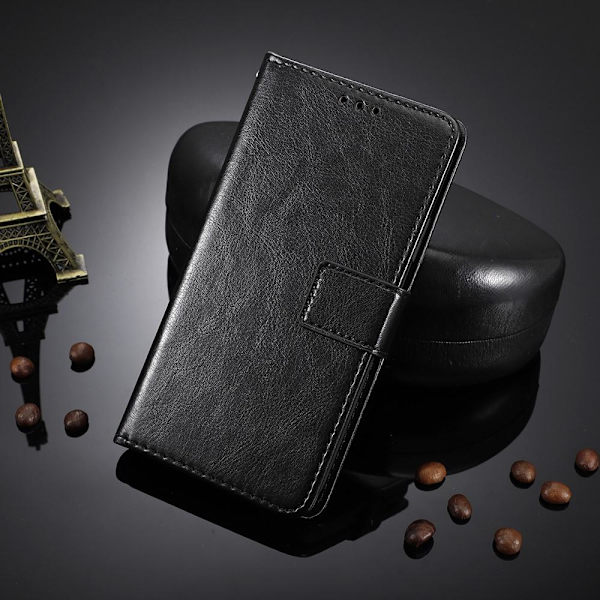 Xiaomi Redmi 9T Lommebok Crazy Horse Tekstur Stativ Skall med Stropp Black