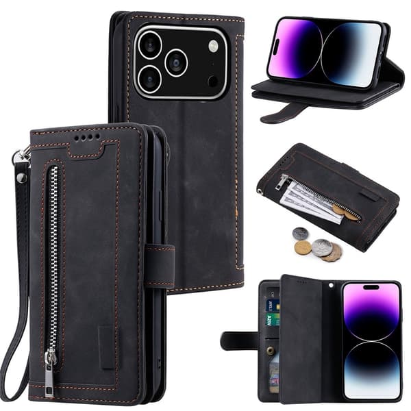 Til iPhone 17 Pro  Etui med Lynlåslomme og 9 Kortlommer Black