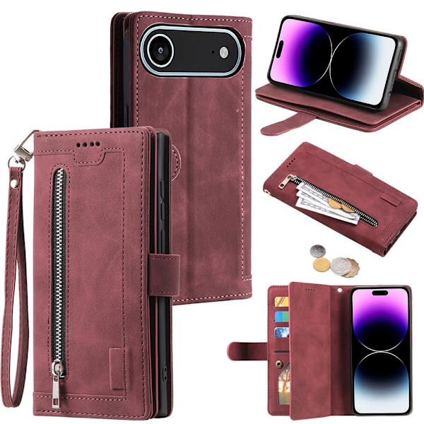 Til iPhone Air Etui med Lynlåslomme og 9 Kortlommer Red