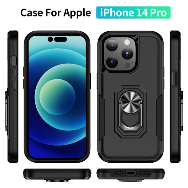 iPhone 14 Pro Stødsikker TPU + PC Kickstand Telefontaske Bilmontering Metalplade - Sort Black