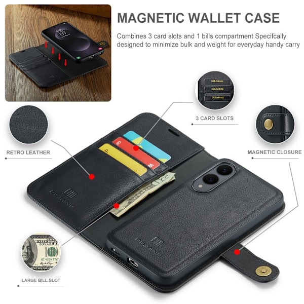 DG.MING Samsung Galaxy S25 Edge irrotettava 2-in-1-lompakkokuori Black
