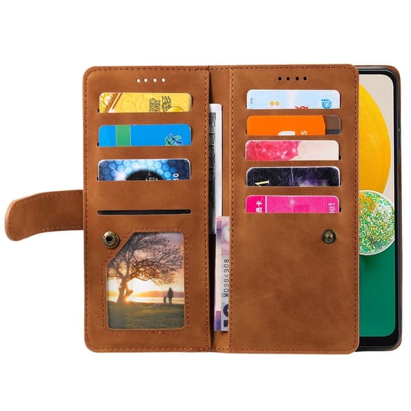 Til Samsung Galaxy S25+ 5G Etui med Lynlåslomme og 9 Kortlommer Brown