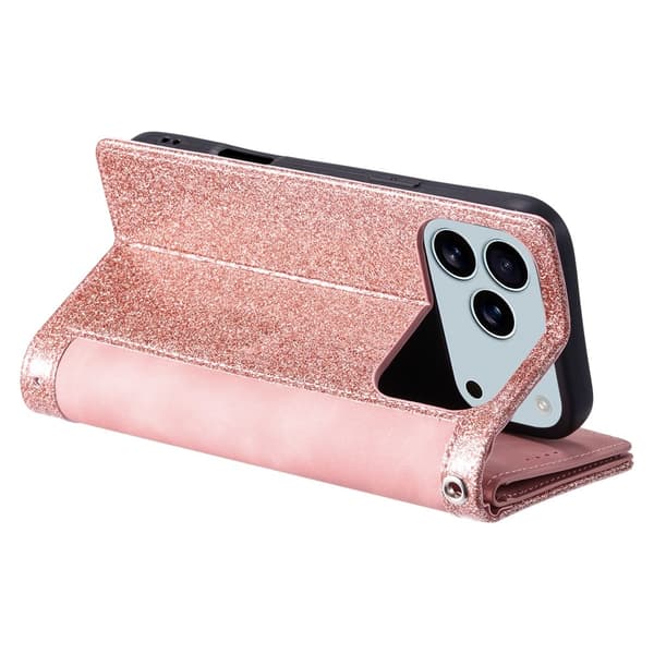 Til iPhone 17 Pro Max Etui med Lynlåslomme og 9 Kortlommer Pink