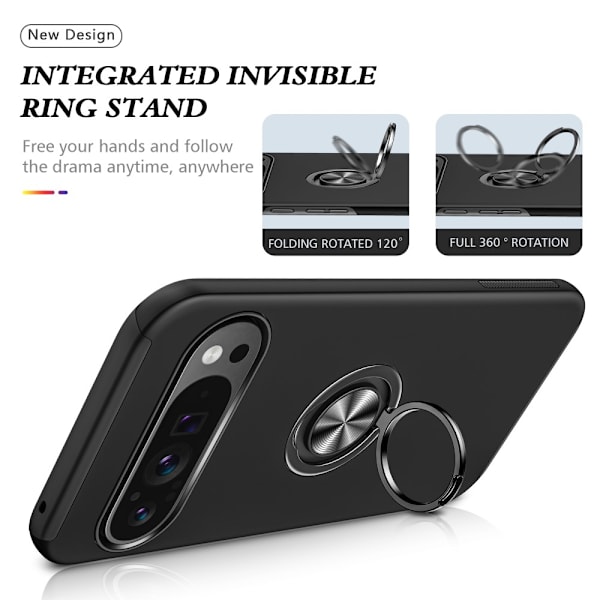 Til Google Pixel 9 Pro XL Fingerring Kickstand Hybrid Taske - Sort Black