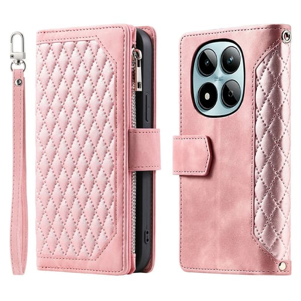 För Xiaomi Redmi Note 15 Pro 5G Zipper Wallet Case Rhombus Stitching Line Telefonfodral Rosa guld