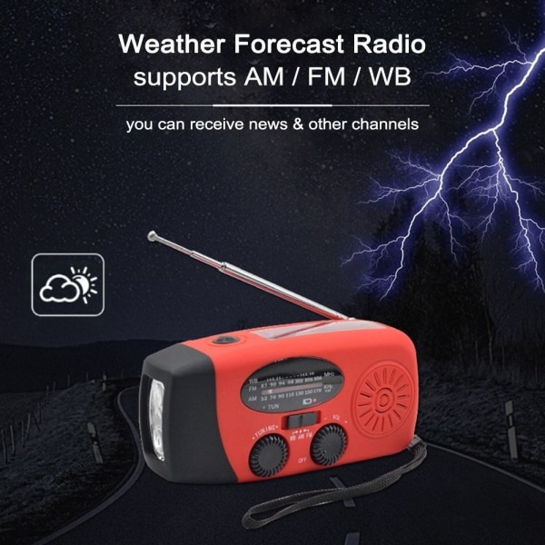 Handvev Solar FM / AM Radio Ficklampa NOAA Power Bank-funktion Röd