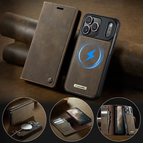 CASEME Til iPhone 17 Pro Max Lommebokdeksel Magnetisk Avtakbar RFID Beskyttelse - Coffee Brown