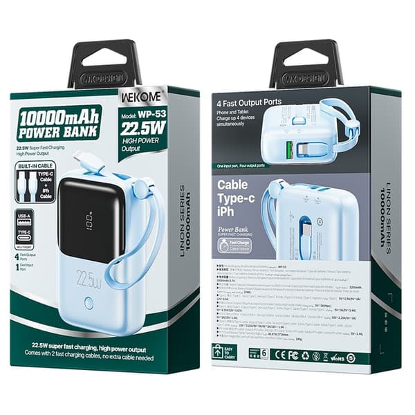 10000mAh rask bærbar powerbank Super hurtiglading USB - C 22.5W Blue