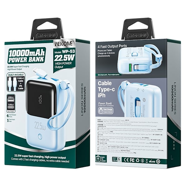 10000mAh Snabb Bärbar Powerbank Super Fast Charging USB-C 22,5W Blå