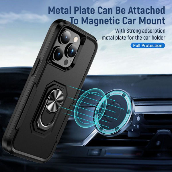 iPhone 14 Pro Stødsikker TPU + PC Kickstand Telefontaske Bilmontering Metalplade - Sort Black