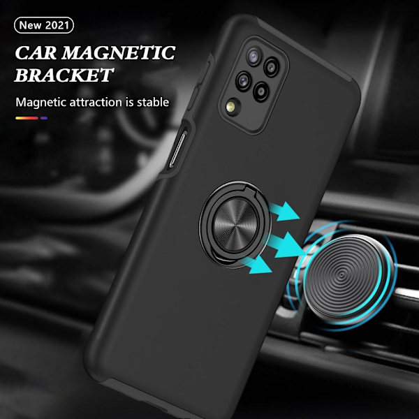 Yhteensopiva Samsung Galaxy A12 sormirengas Kickstand Hybridi-kotelo Black