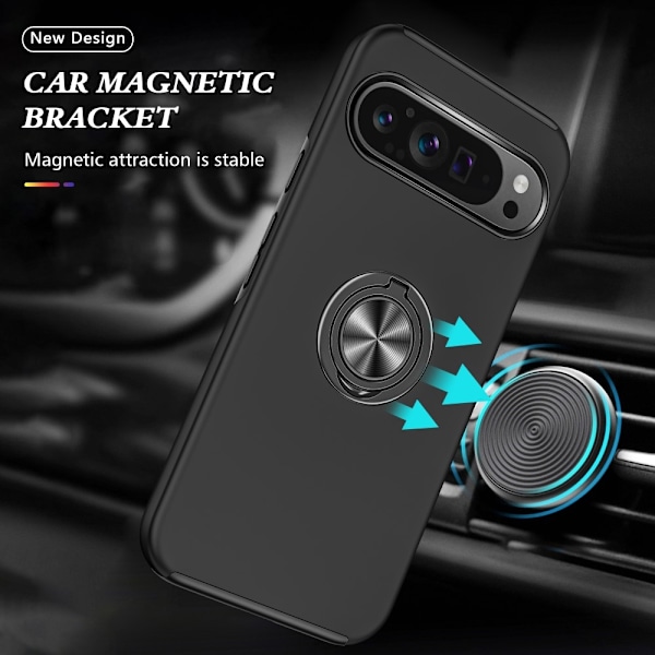 Til Google Pixel 9 Pro XL Fingerring Kickstand Hybrid Taske - Sort Black