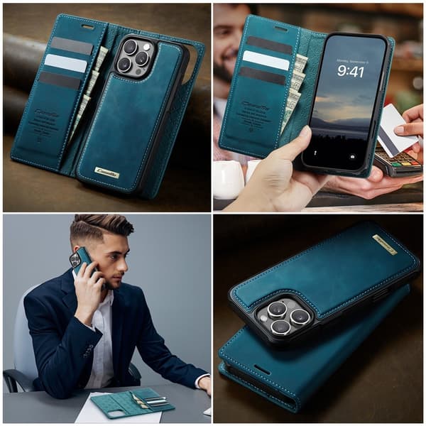 CASEME Til iPhone 16 Pro Lommebokdeksel Magnetisk Avtakbar RFID Beskyttelse Blue